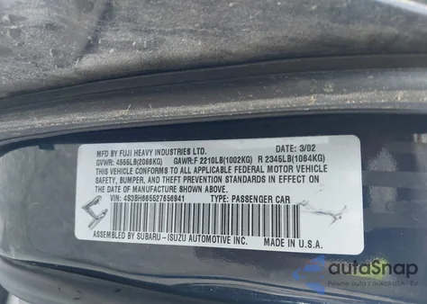 2002 Subaru Outback from USA, damaged, VIN 4S3BH665527656941